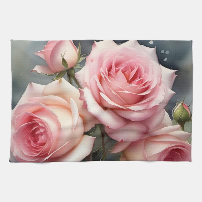 Hübsche hellrosa Rose Aquarellmalerei Geschirrtuch (Horizontal)