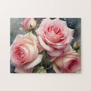 Hübsche hellrosa Rosen Garten Aquarellmalerei Puzzle