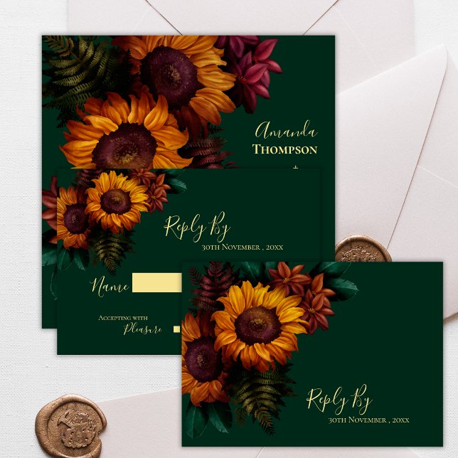 Hübsche Herbstgrün Sonnenblume Rustikale Hochzeit  RSVP Karte (Pretty Autumn Green Sunflower Rustic Fall Wedding RSVP Card)