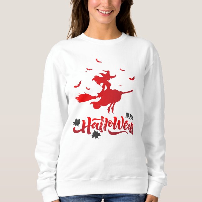 Hübsche Hexe Flying Broom Happy Halloween Sweatshirt (Vorderseite)