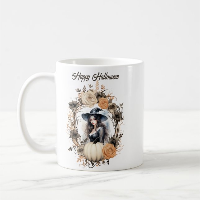 Hübsche Hexe im Halloween-Kranz Kaffeetasse (Links)