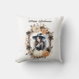 Hübsche Hexe im Halloween-Kranz Kissen