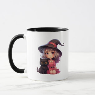 Hübsche Hexe mit schwarzem KatzenHalloween Tasse