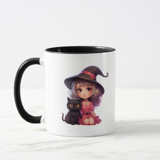 Hübsche Hexe mit schwarzem KatzenHalloween Tasse (Links)