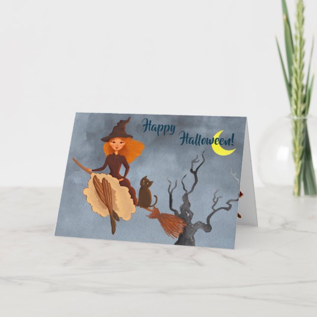 Hübsche Hexe und Katze auf Broom Halloween Card Karte (Vorderseite)