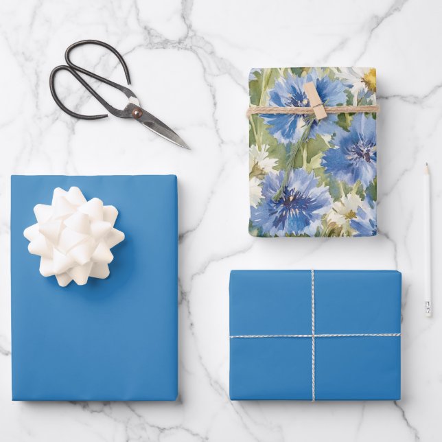 Hübsche Himmelblaue Florale Hochzeitsdusche Geschenkpapier Set (Vorderseite)