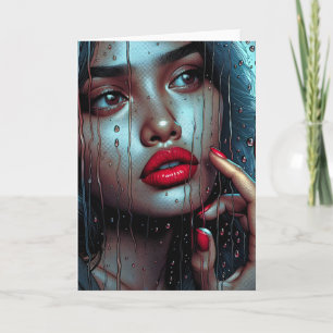 Hübsche hispanische Frau, die den Regen beobachtet Karte