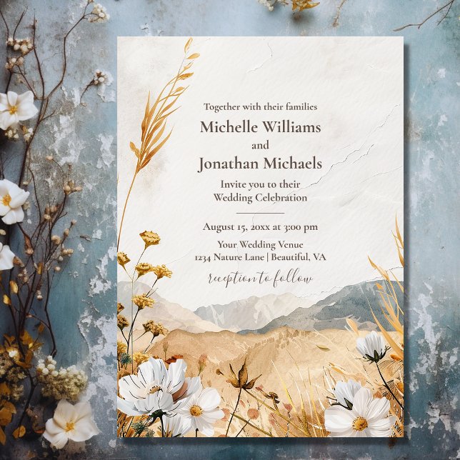 Hübsche Hochzeit der Wildblume Boho Einladung (Front - Pretty Boho Mountain Wildflower Wedding Invitation)