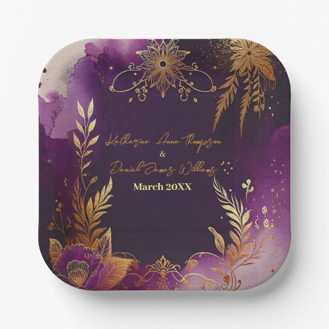 Hübsche Hochzeit mit Lila Wasserfarben und Goldflo Pappteller (Vorderseite)