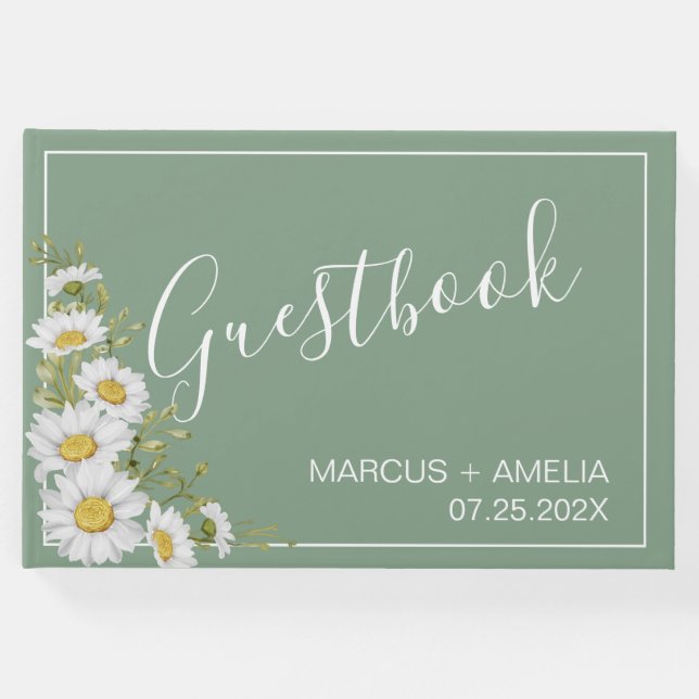 Hübsche Hochzeit von Basil Green & White Daisies Gästebuch (Vorderseite)