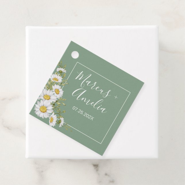 Hübsche Hochzeit von Basil Green & White Daisies Geschenkanhänger (Beispiel)