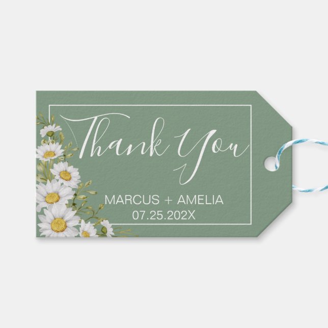 Hübsche Hochzeit von Basil Green & White Daisies Geschenkanhänger (Vorderseite (Horizontal))