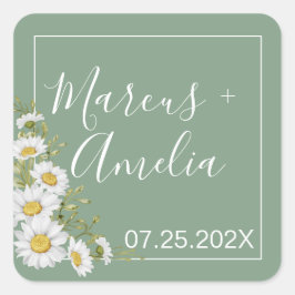Hübsche Hochzeit von Basil Green & White Daisies Quadratischer Aufkleber