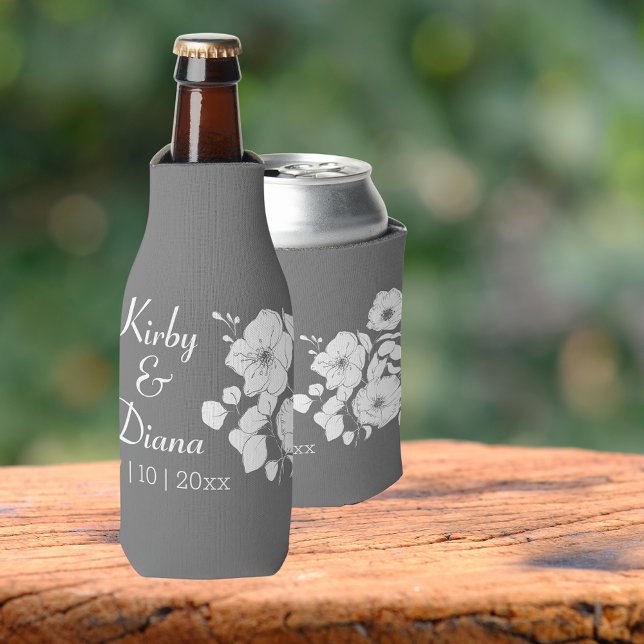 Hübsche Hochzeit von Grau und Weiß Flaschenkühler (Available for bottles, standard can and seltzer cans! Great wedding party gift idea)