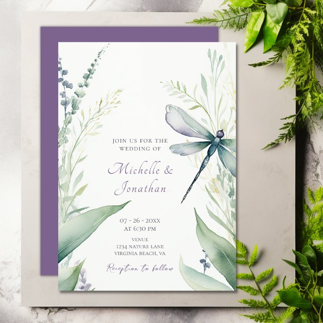 Hübsche Hochzeit von Wasserfarben und Grünpflanzen Einladung (Pretty Watercolor Dragonfly and Greenery Wedding Invitation)