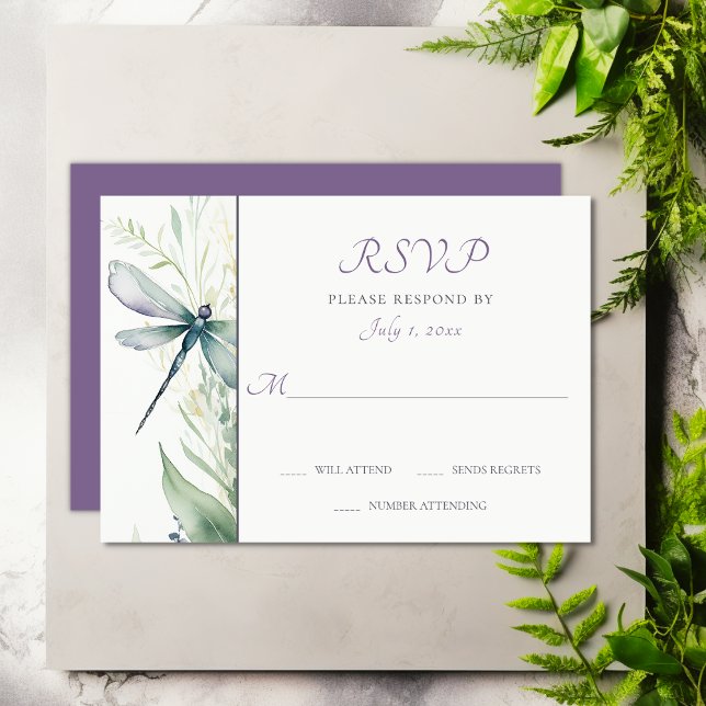 Hübsche Hochzeit von Wasserfarben und Grünpflanzen RSVP Karte (Pretty Watercolor Dragonfly and Greenery Wedding RSVP Card)