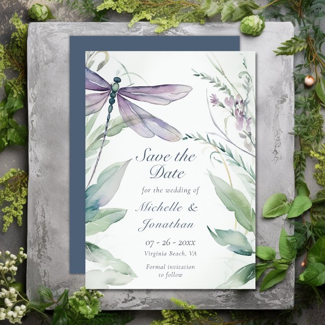 Hübsche Hochzeit von Wasserfarben und Grünpflanzen Save The Date (Pretty Watercolor Dragonfly and Greenery Wedding Save The Date)