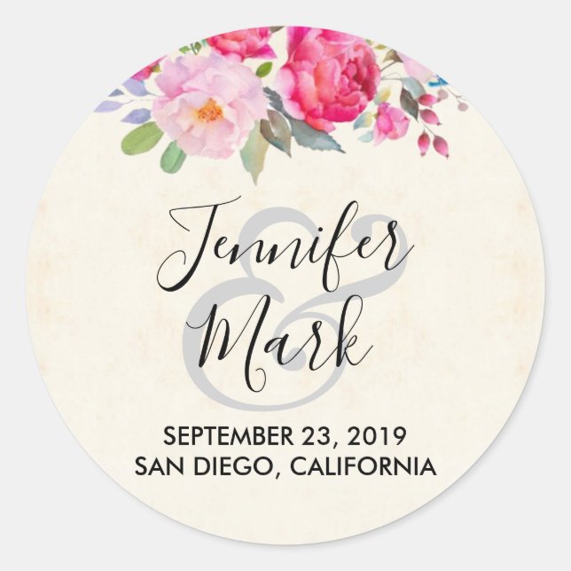 Hübsche Hochzeit zwischen Rosa und Peony Border Runder Aufkleber (Vorderseite)