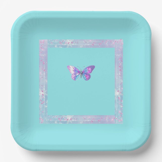 Hübsche Holographic Butterfly Paper Plate Aqua Pappteller (Vorderseite)