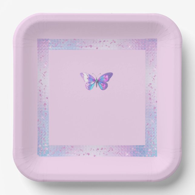 Hübsche Holographic Butterfly Paper Plate Pink Pappteller (Vorderseite)