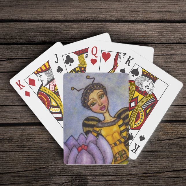 Hübsche Hummel Bee Fairy Lila Blume Spielkarten (Pretty black yellow bumble bee fairy sitting on purple flowers on mix blues yellow deck playing card)