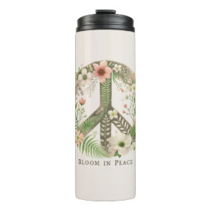 Hübsche Initialen Retro "Bloom in Peace"-Zeichen Thermosbecher