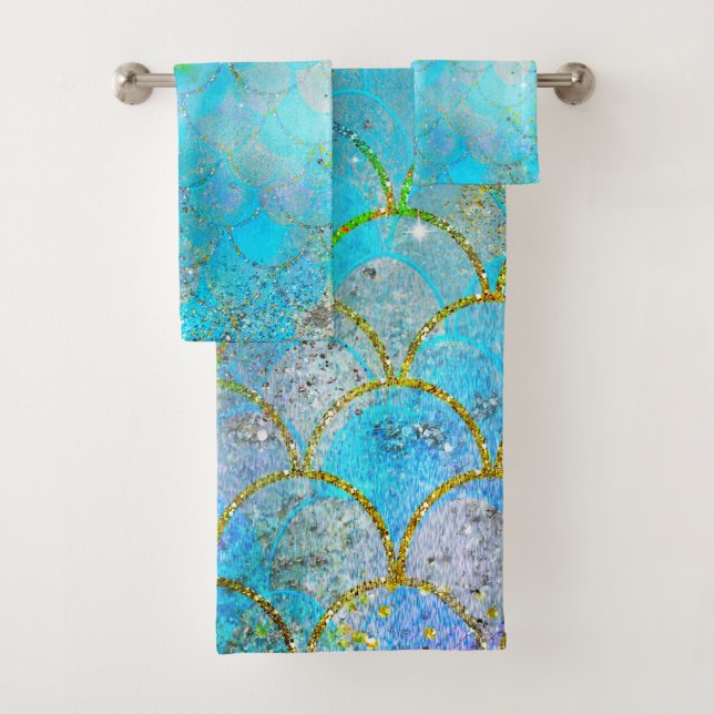 Hübsche Iridescent Blue Shimmer Mermaid Scales Badhandtuch Set (Insitu)