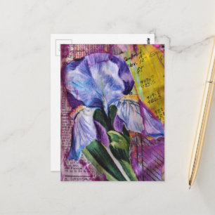 Hübsche Iris-Blumen-Mixed-Media-Collage-Postkarte Postkarte