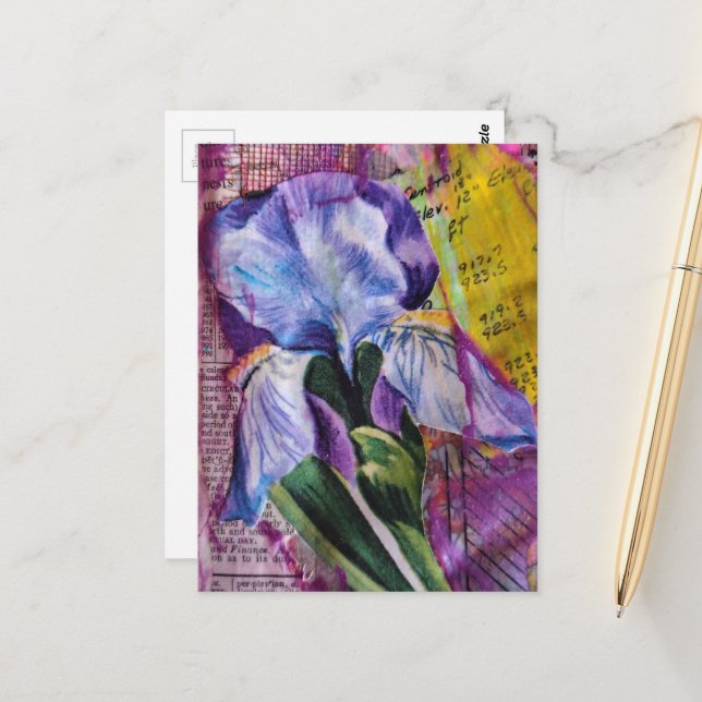 Hübsche Iris-Blumen-Mixed-Media-Collage-Postkarte Postkarte (Vorderseite/Rückseite Beispiel)