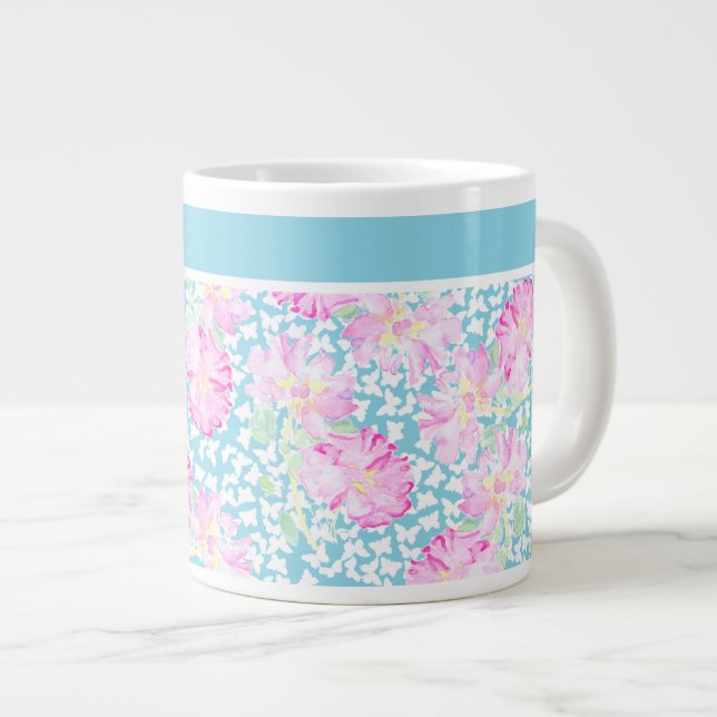Hübsche Jumbo-Tasse, rosa Rosen, weiße Schmetterli Jumbo-Tasse (Vorderseite Rechts)