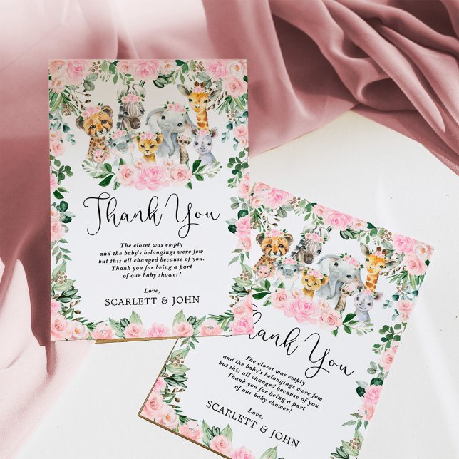 Hübsche Jungle Wilde Tiere Rosa Blumenjunge Dankeskarte (Von Creator hochgeladen)