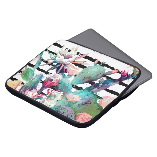 Hübsche Kakteen, schwarze Streifen Laptopschutzhülle (Vorne Oben)