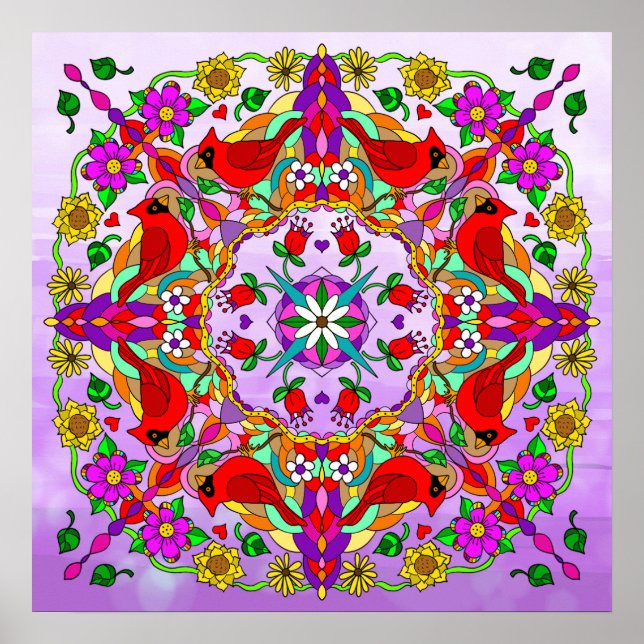 Hübsche Kardinal und Blume Mandala Poster (Vorne)