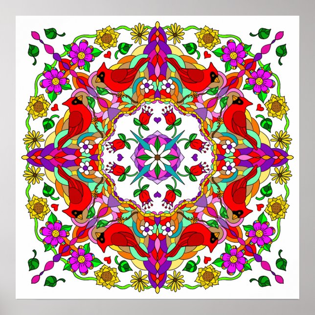 Hübsche Kardinal und Blume Mandala Poster (Vorne)