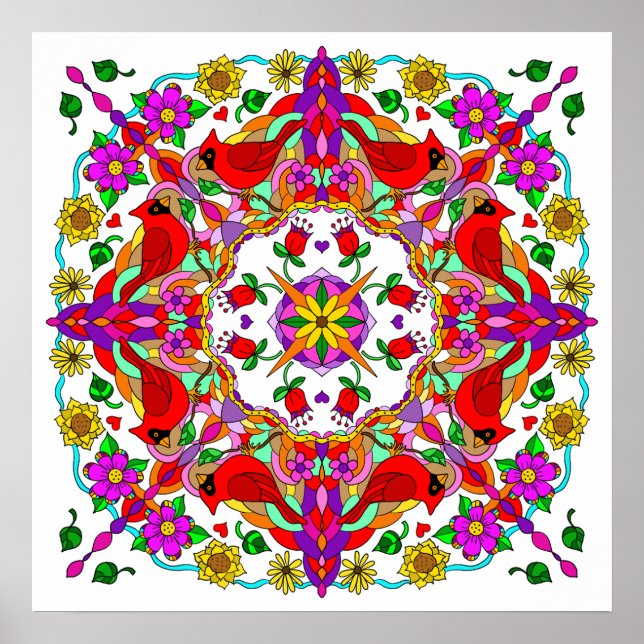 Hübsche Kardinal und Blume Mandala Poster (Vorne)