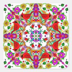 Hübsche Kardinal und Blume Mandala Quadratischer Aufkleber