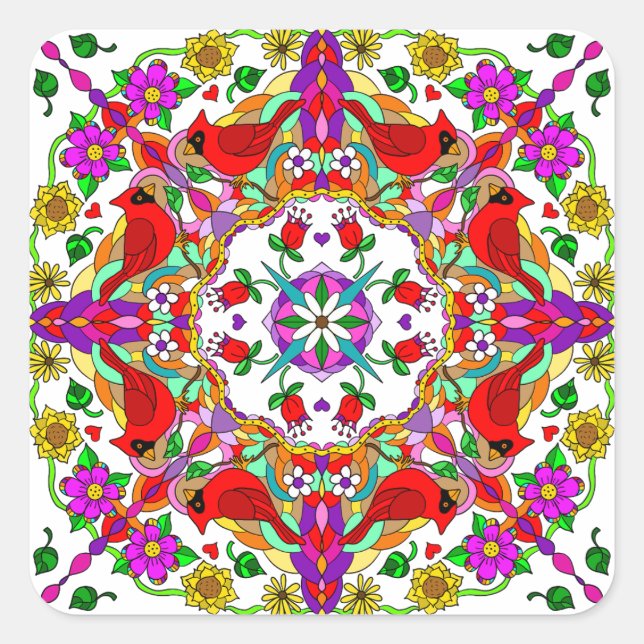 Hübsche Kardinal und Blume Mandala Quadratischer Aufkleber (Vorderseite)