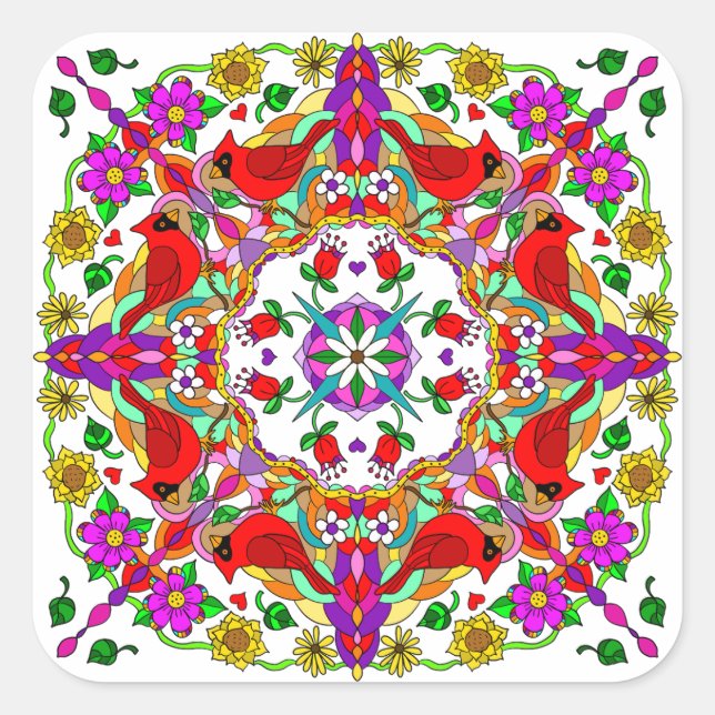 Hübsche Kardinal und Blume Mandala Quadratischer Aufkleber (Vorderseite)