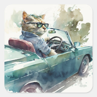 Hübsche Katze, die extravagante Sportwagenaufklebe Quadratischer Aufkleber
