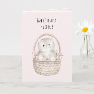 Hübsche Katze im Korb rosafarbene Rosen Geburtstag Karte