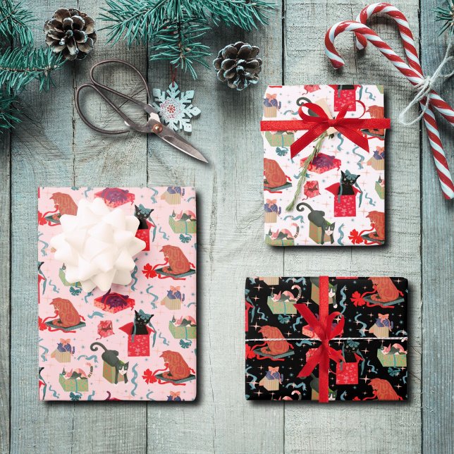 Hübsche Katzen in Weihnachtsboxen Geschenkpapier Set (Sample the fun cats play in Christmas boxes in this trio. All patterns available in full rolls too.)