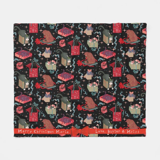 Hübsche Katzen in Weihnachtskästen Personalisiert Fleecedecke (Vorderseite (Horizontal))