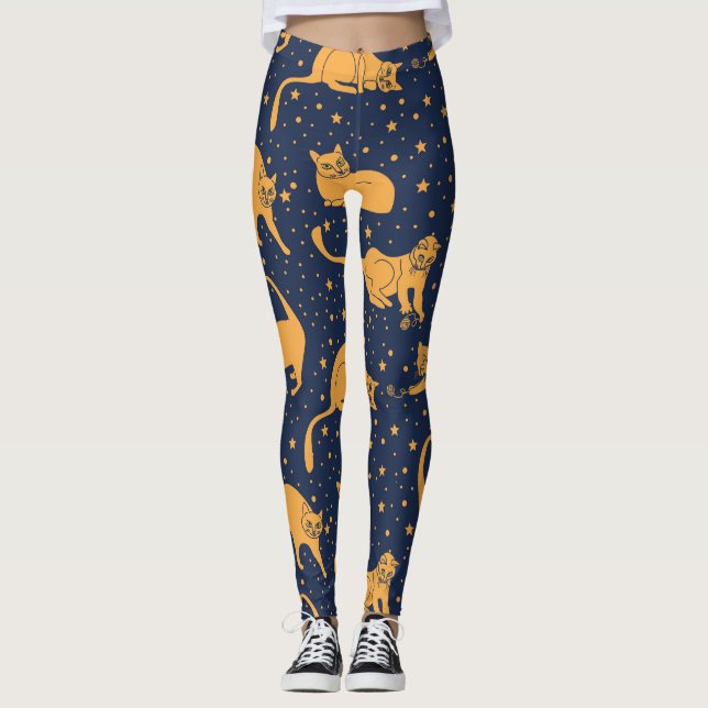 Hübsche Katzen, Sterne, Weltraummuster. Leggings (Vorderseite)