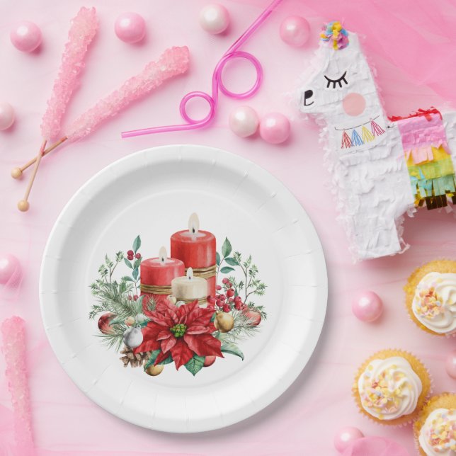 Hübsche Kerzen und Poinsettia Bouquet Pappteller (Party)