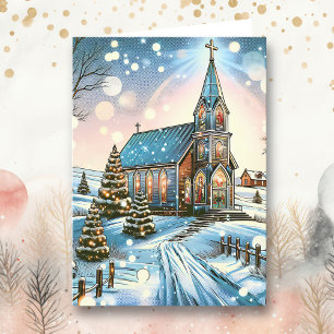 Hübsche Kirche an einem Winterweihnachtsfest Feiertagskarte
