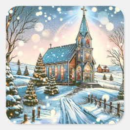 Hübsche Kirche an einem Winterweihnachtsfest Quadratischer Aufkleber