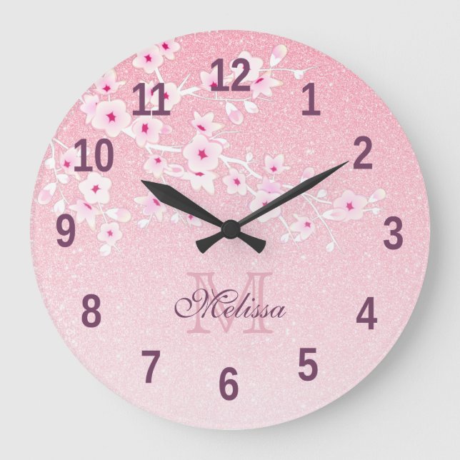 Hübsche Kirschblüten Rosa Glitzer Monogramm Grobba Große Wanduhr (Vorderseite)