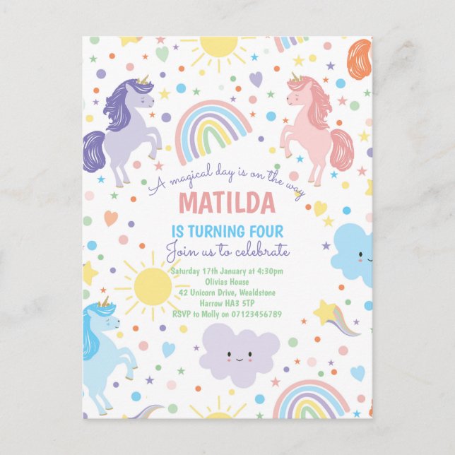 Hübsche Kleine Uniköre Postcard Party Einladungen. Postkarte (Vorderseite)