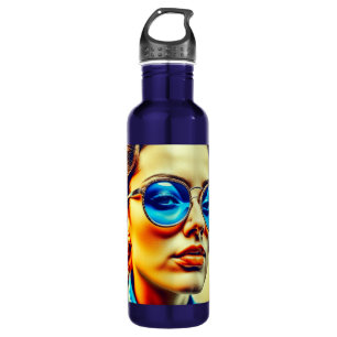 Hübsche Lady mit Blauer Sonnenbrille mit Reflektio Edelstahlflasche