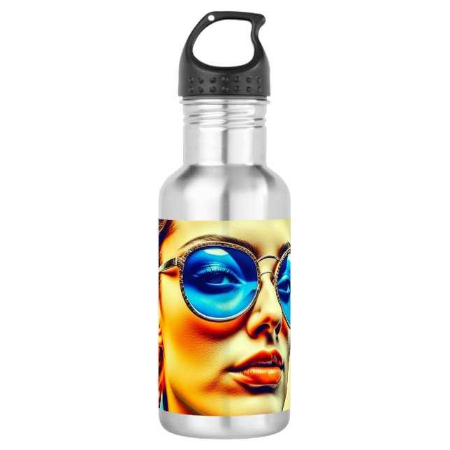 Hübsche Lady mit Blauer Sonnenbrille mit Reflektio Edelstahlflasche (Vorderseite)